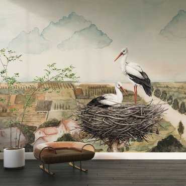 tapeta village storks w ptaki