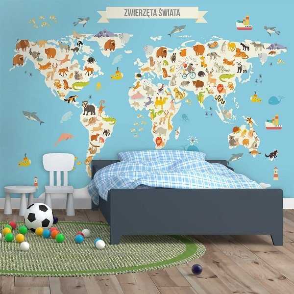 MAPA ZWIERZĘTA ŚWIATA - Tapeta ścienna MAPA ZWIERZĘTA ŚWIATA - Tapeta ścienna